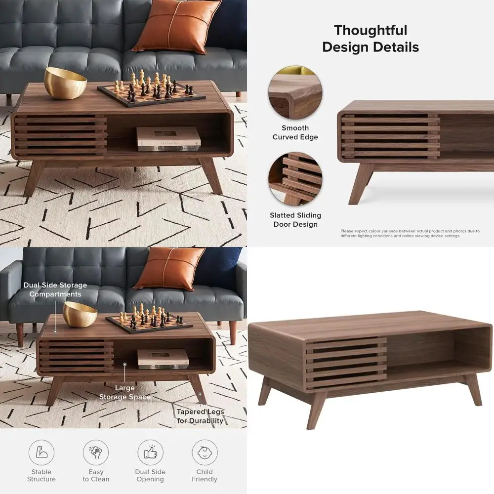 Mid Century Modern Farmhouse Style Coffee Table with Storage, Walnut Wood Living Room Table, Fluted Design