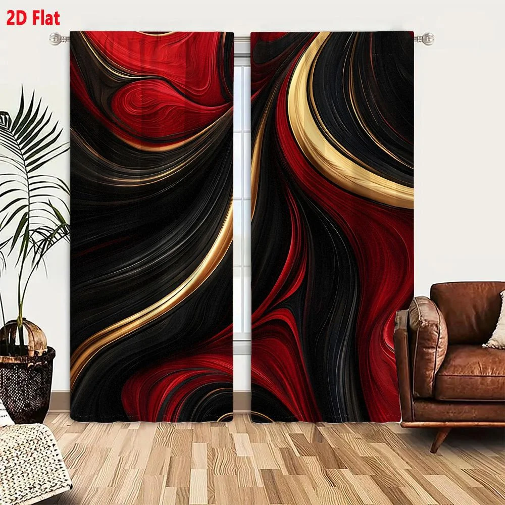2Pcs Curtains Abstract Swirling Art Featuring Deep Crimson Red Glossy Black And Shimmering Gold Accents Window Drapes for Bedroo