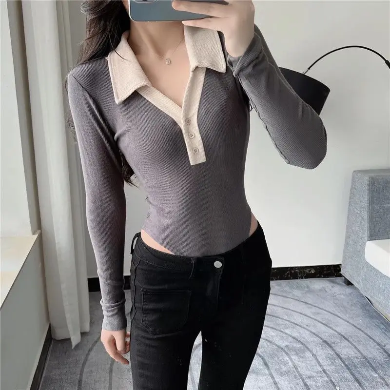 Spring Fashion New Women's Elegant Design Sense Color Blocked Jumpsuit Spicy Girl Sexy Versatile Lapel Jumpsuit Base Shirt