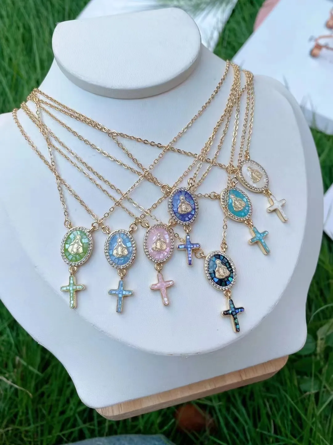 5PCS, Religious Zircon Shell Cross Jesus Virgin Mary Guadalupe Necklace For Women 2022 Gift Jewelry