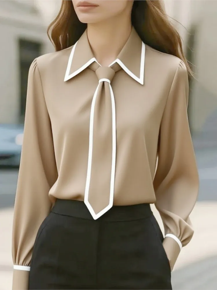 

Women Spring Blouses Tops Casual Loose Blusas Long Sleeve Lapel Blouse with Tie Fashion Commute Office Lady Shirts Daily Tops