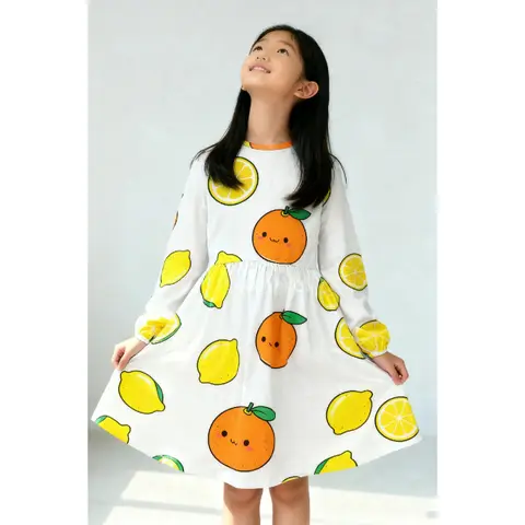 Cute Cartoon Lemon Orange Print Long Sleeve Girls Dress Casual Loose Kids Midi Dress
