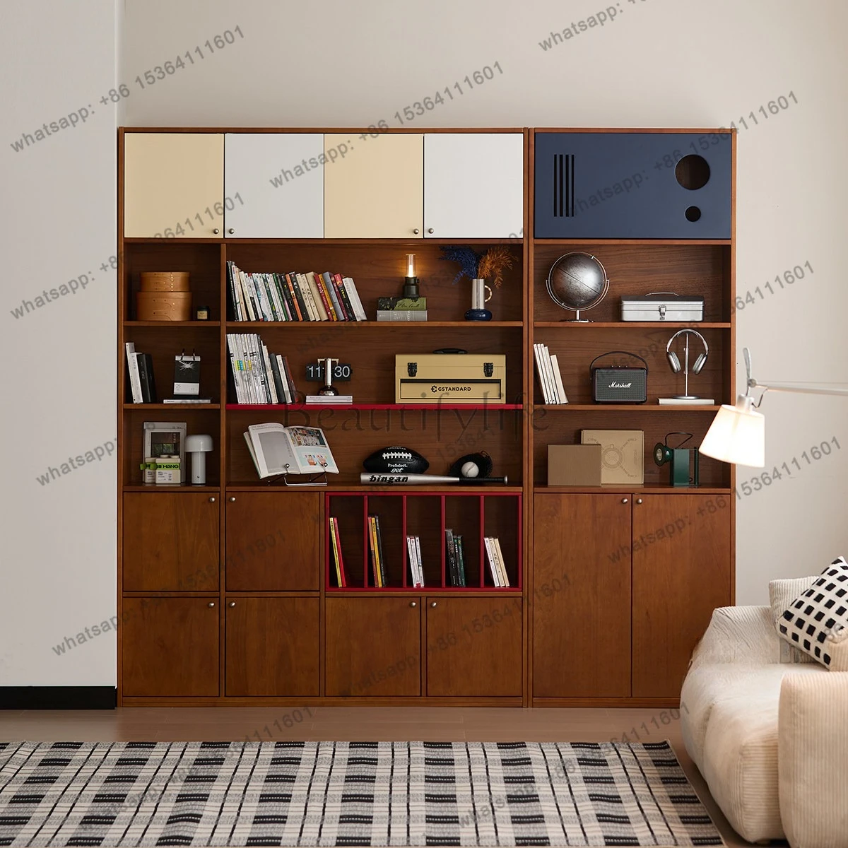 Medieval style bookcase retro color matching living room display full wall combination bookcase customization