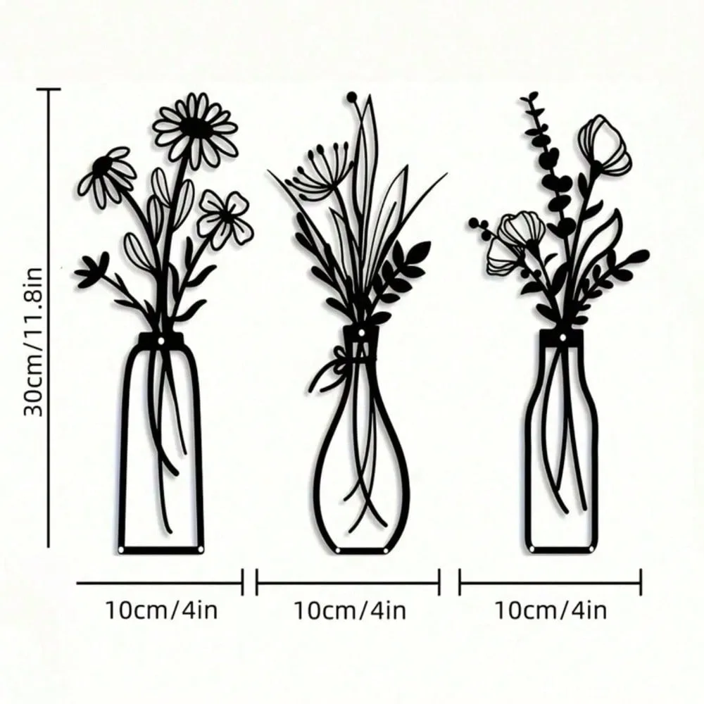 3pcs Vintage Metal Floral Wall Art, Minimalist Geometric Hanging Vase Sculptures for Living Room Bedroom Decor