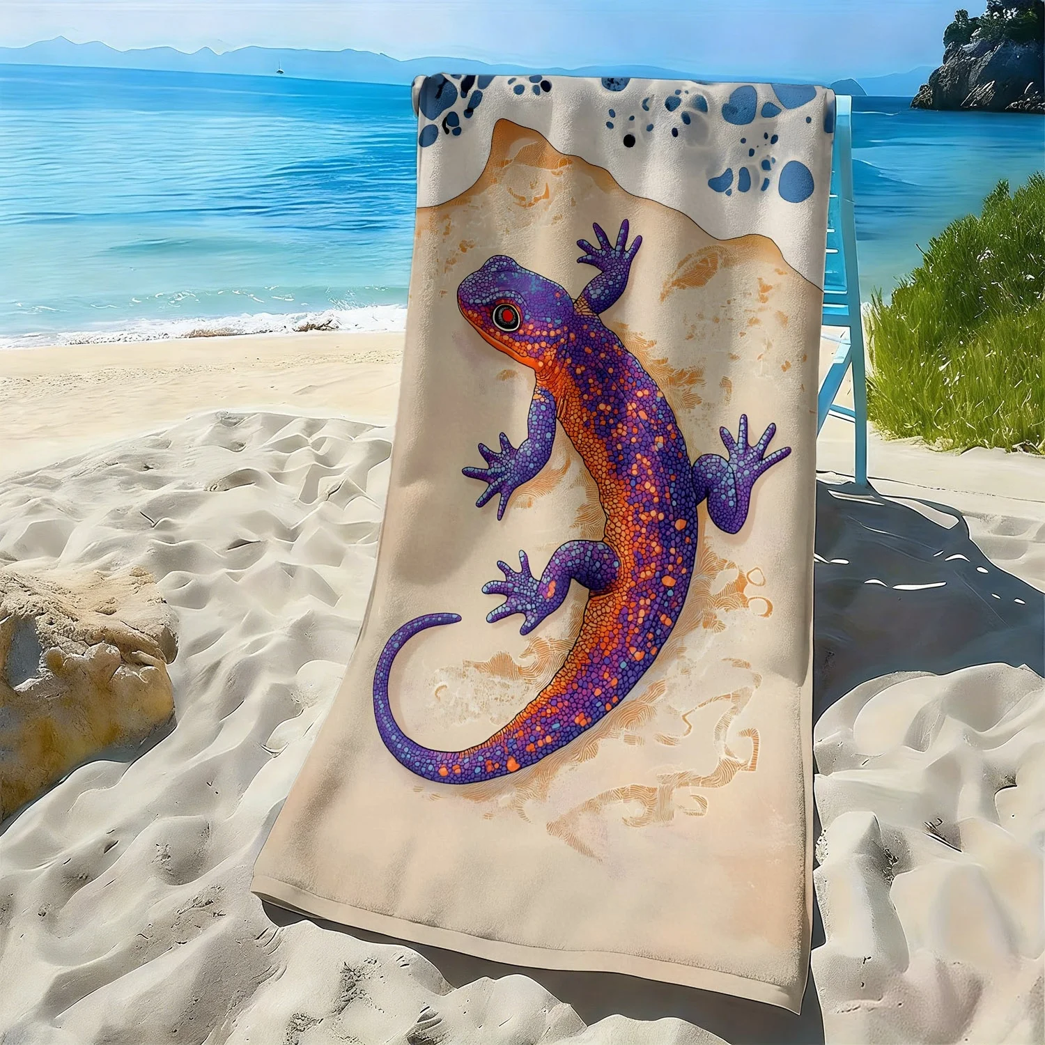 Colorful pattern of the cartoon gecko polyester microfiber beach towel is highly absorbent, suitable for swimming beach outings