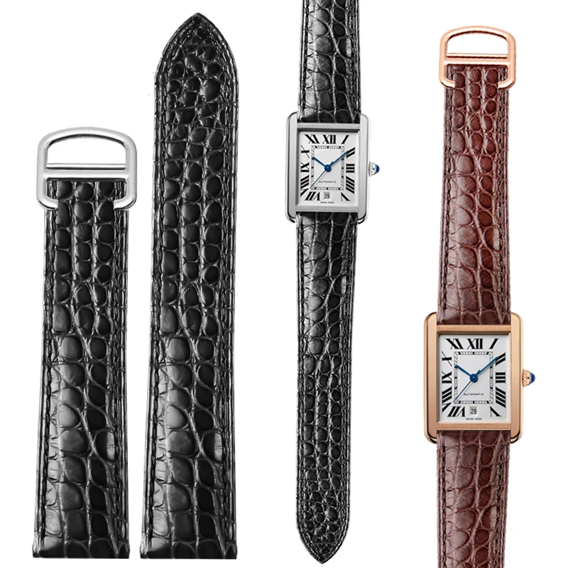 Alligator Leather Watch Band For Cartier TANk SOLO RONDE DE Crocodile Skin Watch strap Folding Buckle belt  Accessories Bracelet