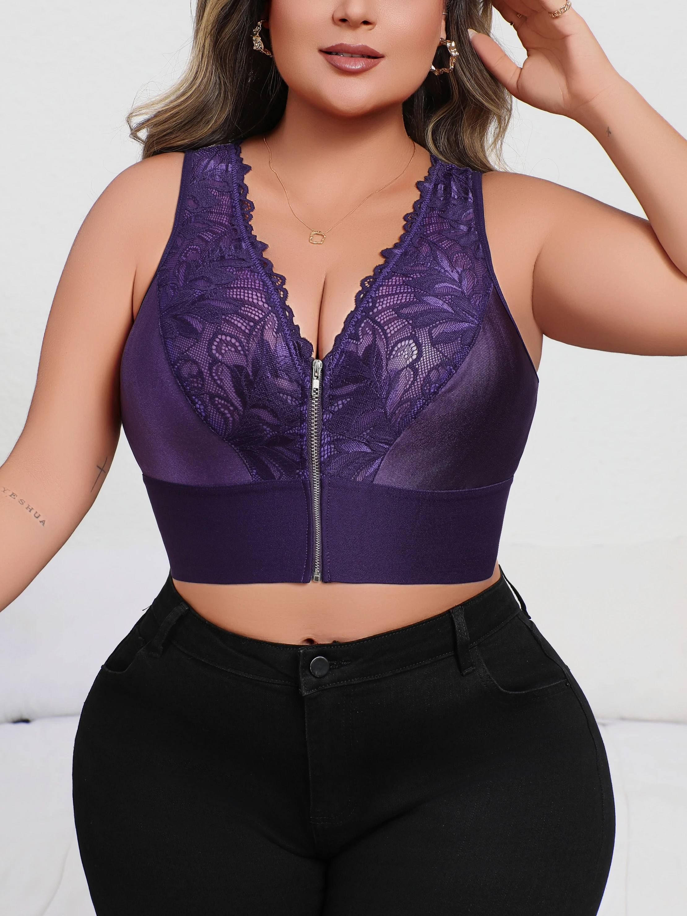 Nova chegada plus size sexy roxo bordado lingerie, sutiã push-up mergulho com zíper frontal