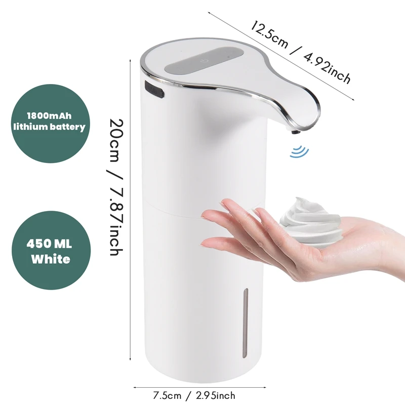 New Soap Dispenser Automatic - Touchless USB Rechargeable Electric Foam Soap Dispenser Adjustable Waterproof 450 ML White