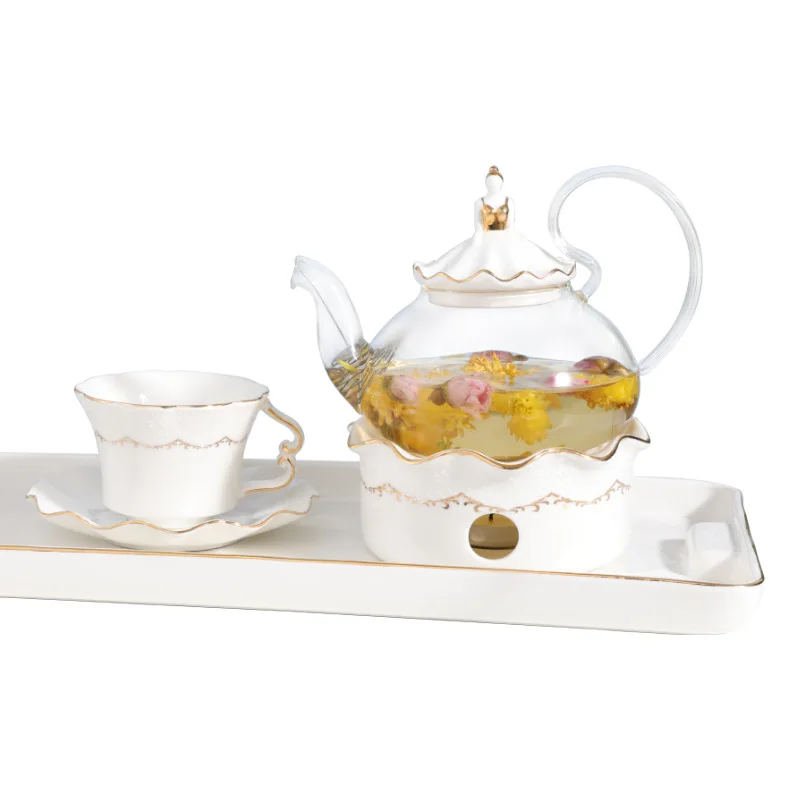 

Flower teapot candle heating elegant glass teapot ceramic water cup combination