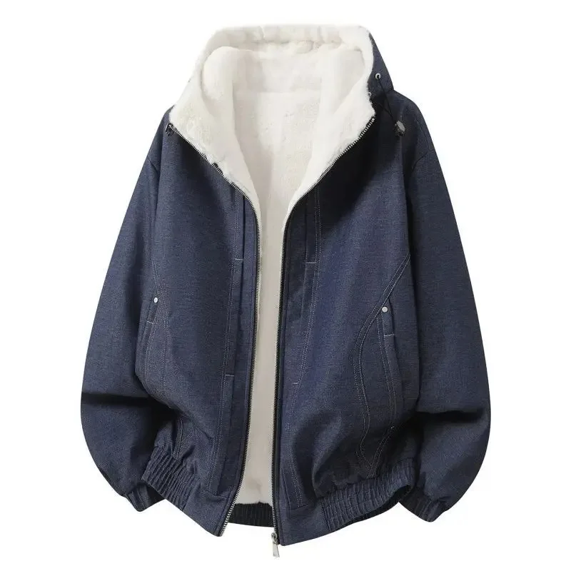 

Men's Thickened Lined Hooded Cotton Jacket New Fashion Denim Style Autumn Winter Streetwear Loose Fit Warmth Jackets Clothing