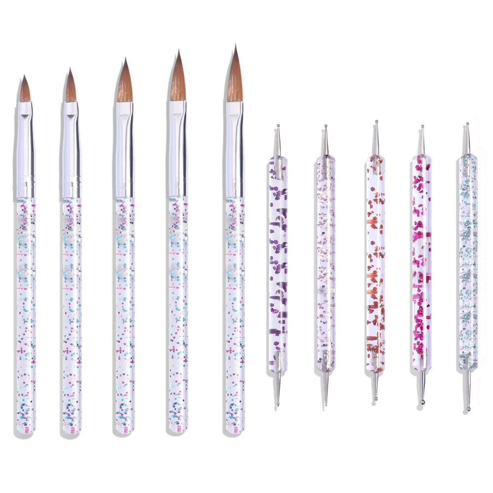 10Pcs Crystal Handle Acrylic Powder Nail Brushes UV Gel Drawing Painting Brushes Carving/Extension Pen Professional Nail Tools