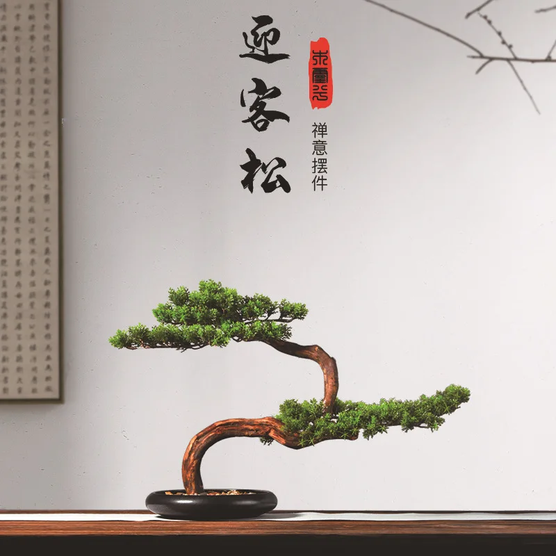 

New Chinese simulation welcome pine bonsai potted root carving plant model room sales office living room porch ornaments