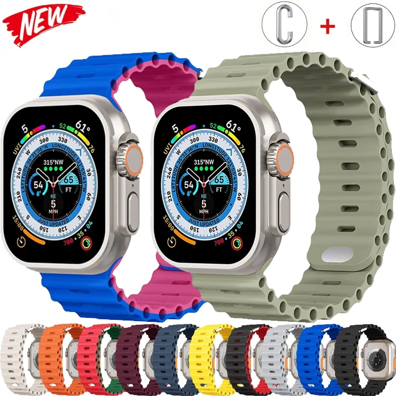 

Силиконовый ремешок Ocean для Apple Watch Ultra 3, 49 мм, 11, 10, 9, 8, 7, 46/45/42/41 мм, мягкий регулируемый браслет для iWatch 6, 5, SE, 44/40 мм