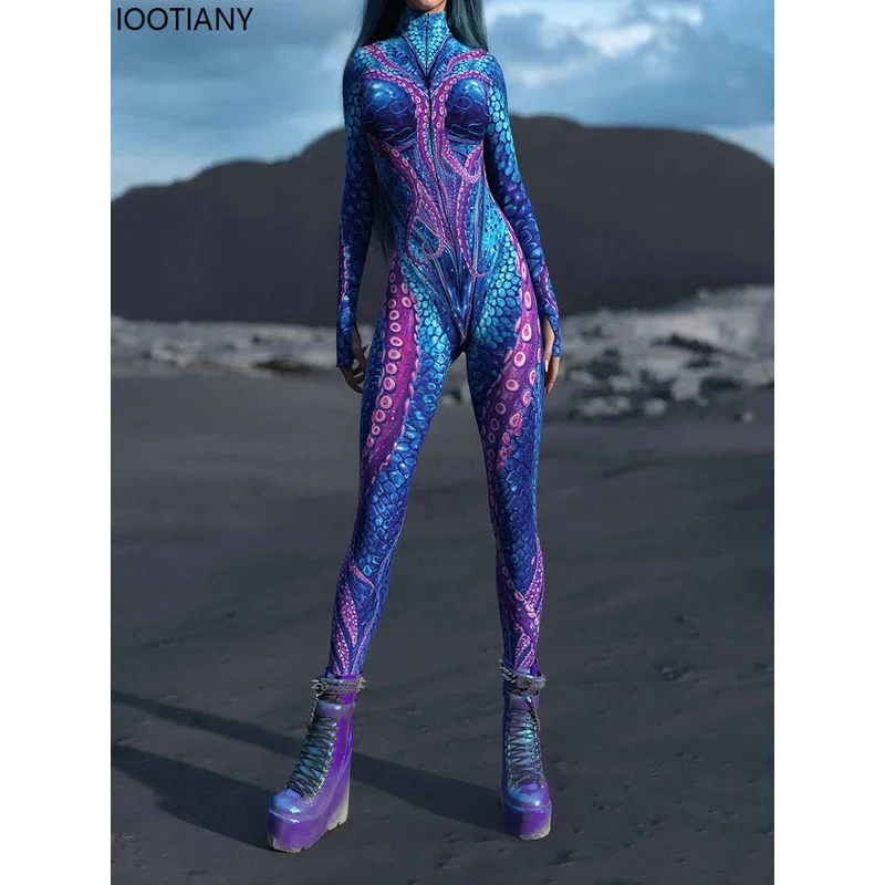 

Women Sexy Octopus Print Cosplay Jumpsuits Marine Animal Theme Party Bodysuit Unique Sea Monster Morphsuits Rave Zentai Suit New