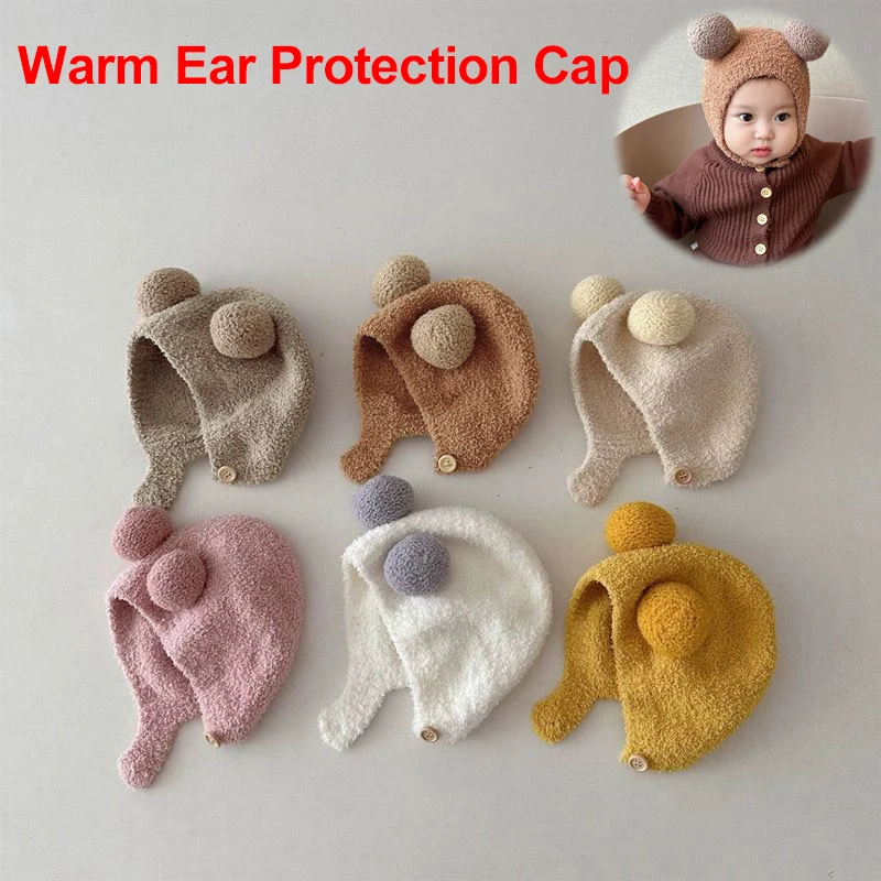 

Cute Winter Warm Kids Girl Boys Baby Hats Fleece Wool Hemming Caps with Ball Solid Wool Ear Protection Hats Soft Newborn Bonnet
