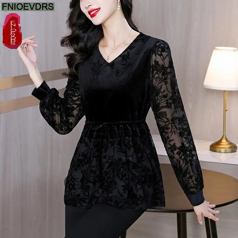 Black Lace Velvet Top Basic Wear Women Autumn Winter Elegant Office Lady Ruffles Shirring Shirts Retro Vintage Peplum Top Blouse