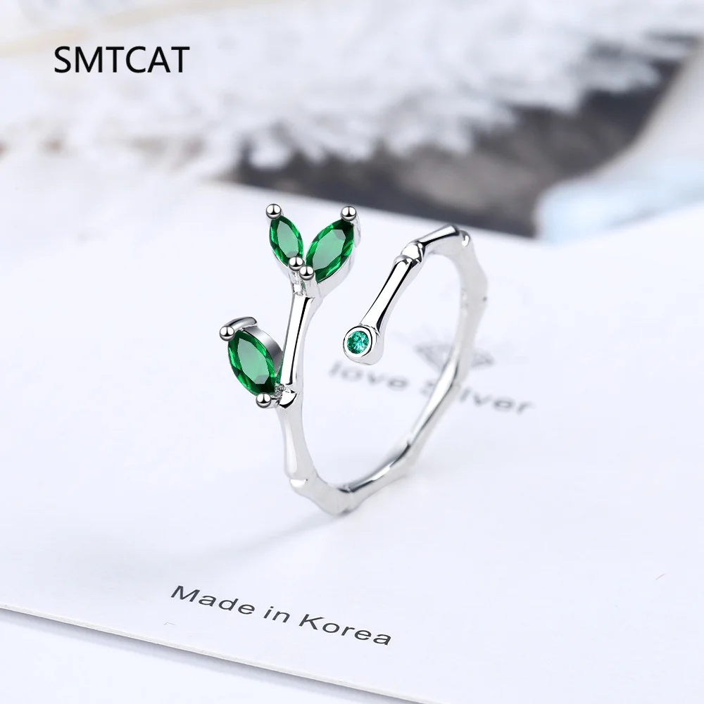 Leaves Green Simulated Nano Emerald 925 Sterling Silver Bamboo Joint Open Adjustable Ring for Women Statement Gemstone Jewelry
