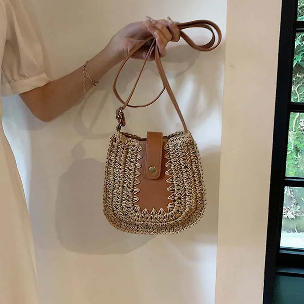 

Универсальная соломенная седельная сумка в стиле ретро, большая вместительная сумка из искусственной кожи с вышивкой и магнитной кнопкой, женская сумка на плечо, спортивная