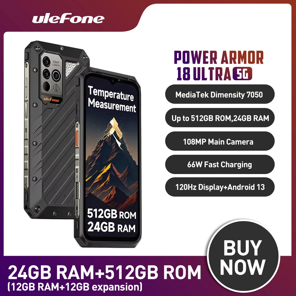 Ulefone Power Armor 18 Ultra 5G Rugged Smartphones 12GB+512GB 6.58Inch FHD Android 13 Mobile Phone 9600mAh 66W Fast Charging NFC