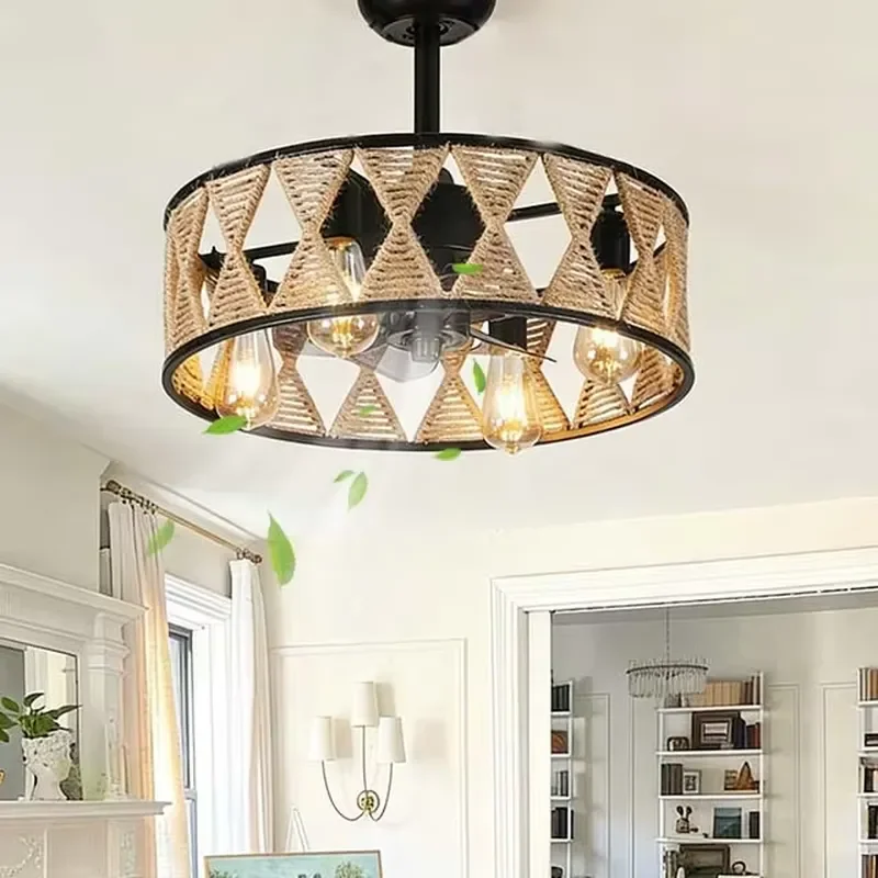 Modern European Caged Iron LED Ceiling Fan with Lights Rope-crafted Fan Chandelier Remote Control 220V for Living Room &