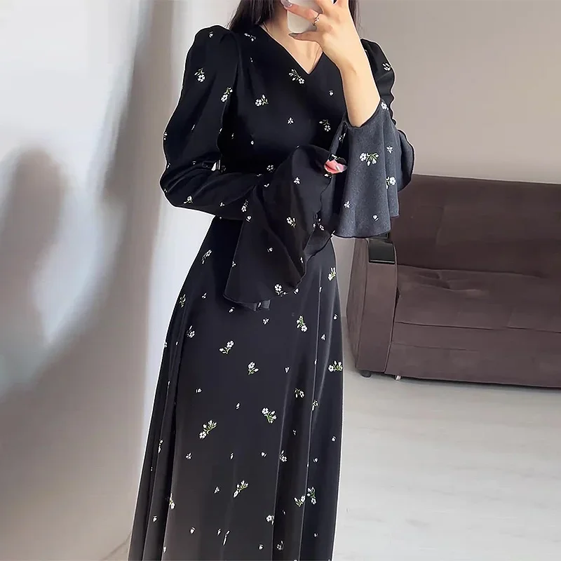 Dubai Arab Long Dress Women 2024 Autumn New Fashion Style Long Sleeve Slim Fit Ruffle Dress Long Dress Stand Collar Clothing