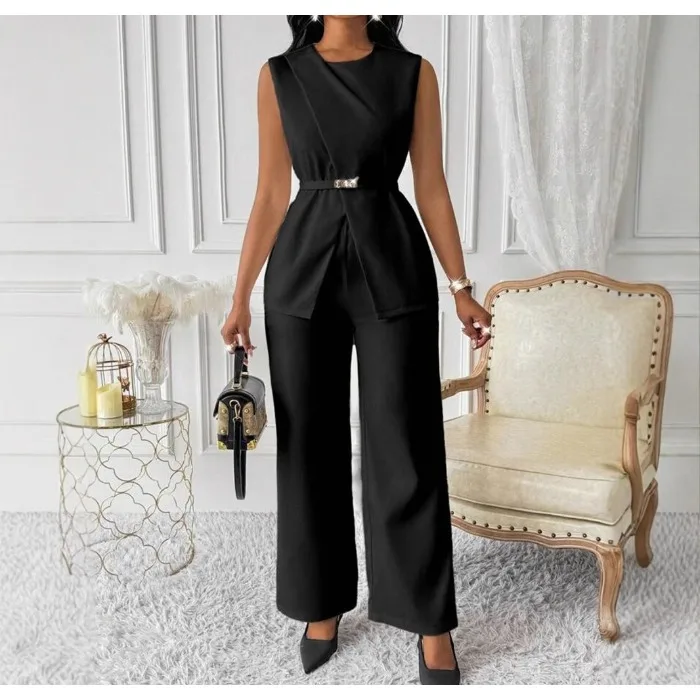2 Piece Sets Women Pants Round Neck Belt Sleeveless White High Waist Tops Solid Slim Fit Elegant Wide Leg Long Trousers Suit