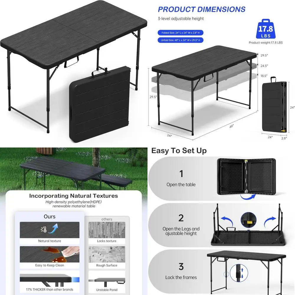 

Compact Adjustable Height Folding Table for Indoor/Outdoor Use, Portable and Durable with Carry Handle, Ideal for Picnics, Campi