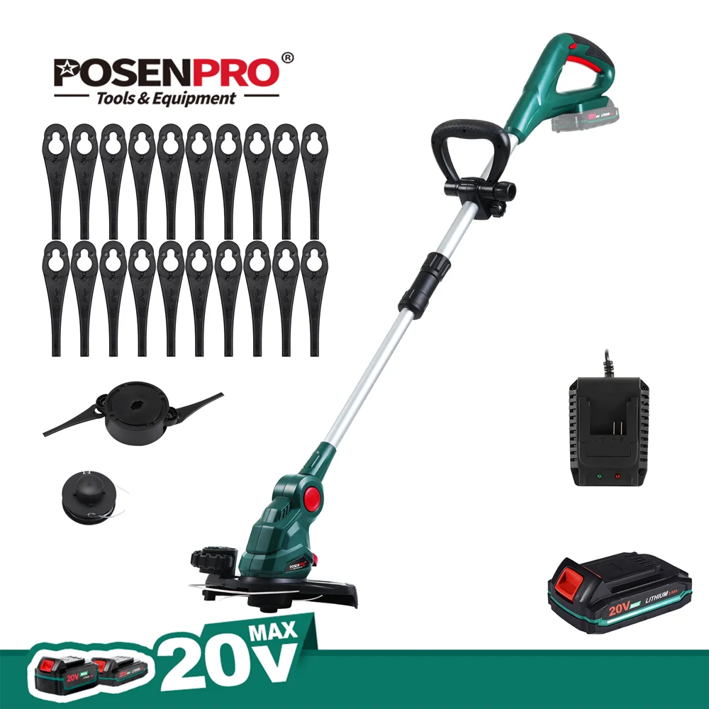 POSENPRO 20V Cordless Strimmer/Edger 2-in-1, Cordless Grass Trimmer, 26cm Path, Lightweight, Extendable Length, Blade Cutting