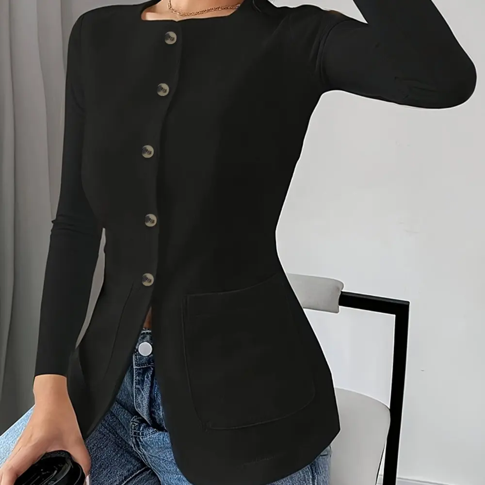 

Women's Long Sleeve T-Shirts round Neck Button Front Plain Casual Top for Autumn Winter