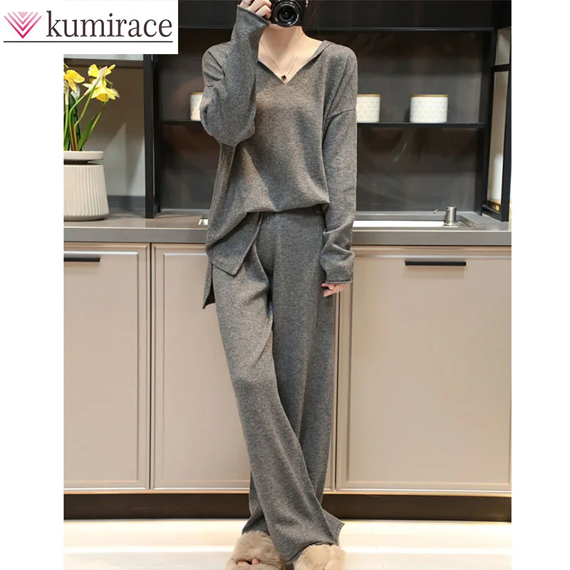

Hooded Knitted Sweater Casual Two-piece Set for Autumn and Winter, New V-neck Fashionable Lazy Style Sweater Set for Women