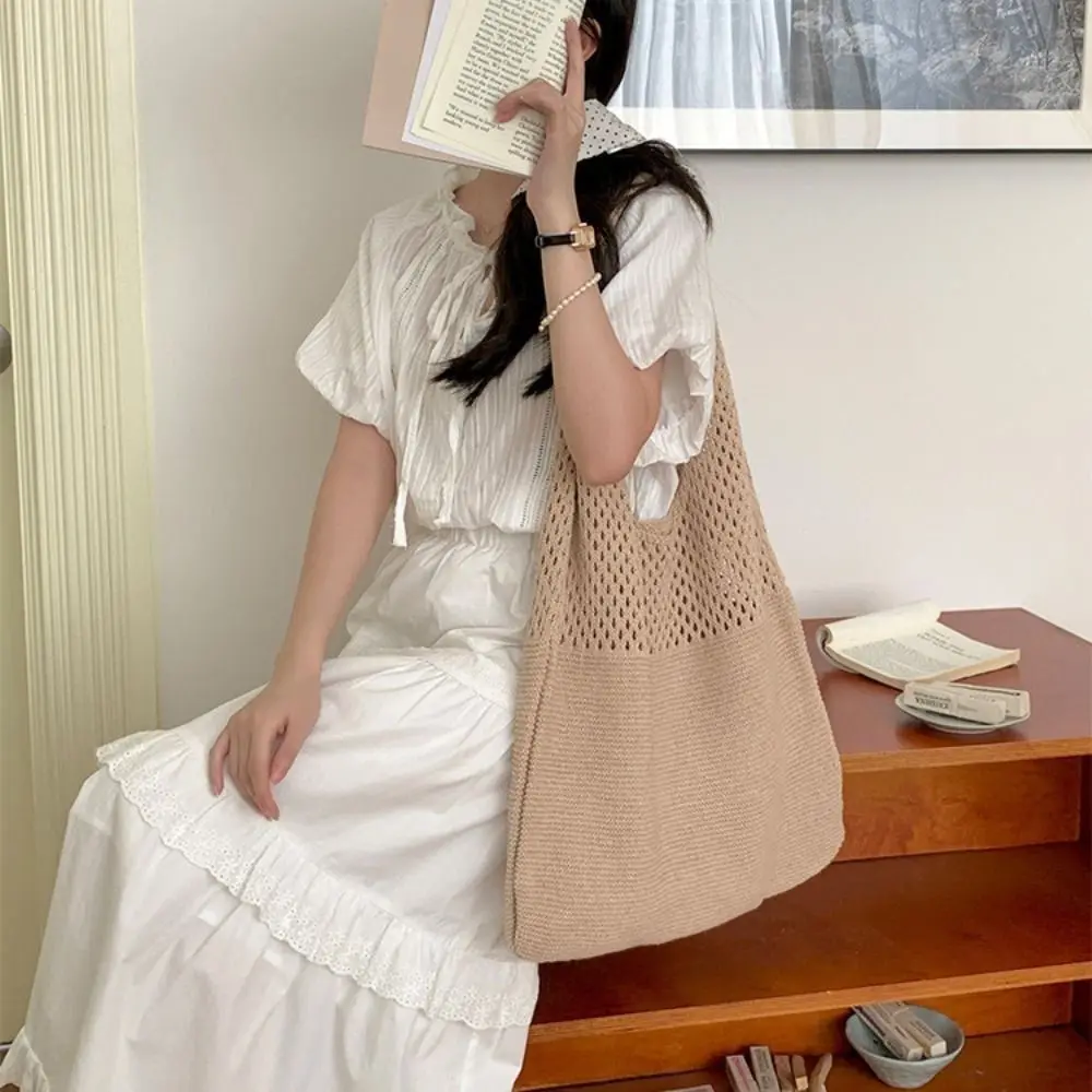 

Soft Solid Color Knitting Shoulder Bag Hollow Out Versatile Bohemian Crochet Tote Bag Large Capacity Casual Woven Handbag Female