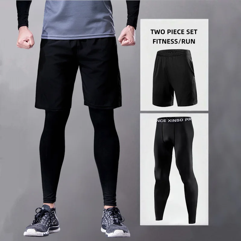 

Men Training Athletic Short pants + Long Leggings Tight Quick Dry Running Leggings Workout Pants Fitness Equipment Gym Two Piece