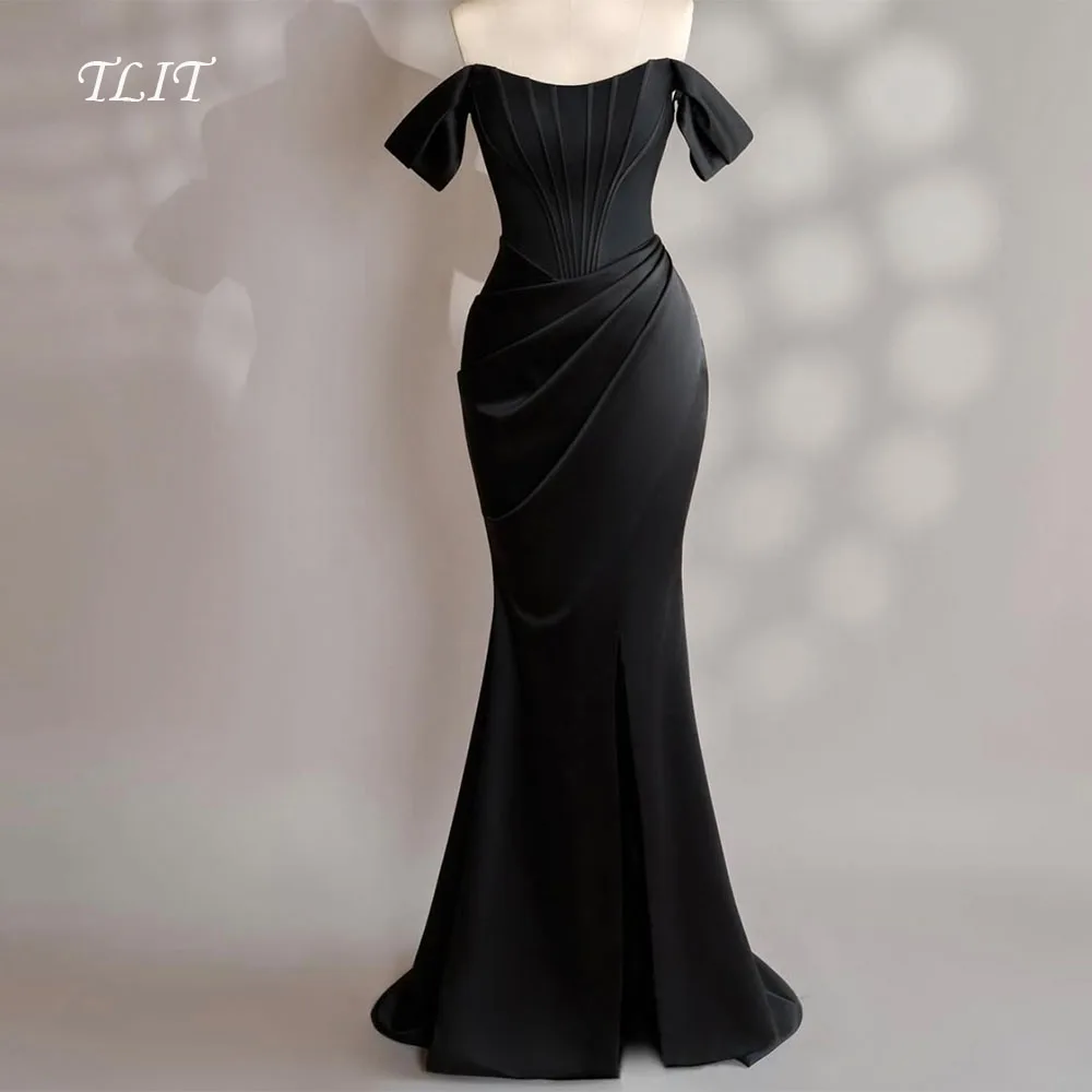 TLIT Abiti da sera eleganti in raso di seta drappeggiato nero Vestido da noite Abiti da festa formali senza spalline personalizzati con spalle scoperte
