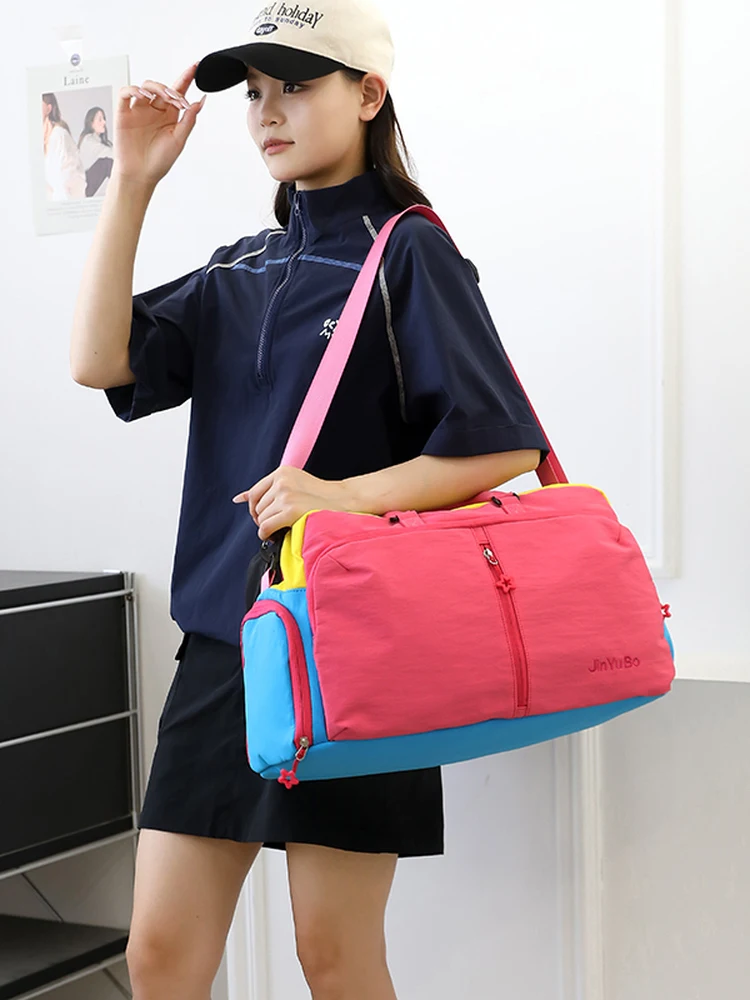 large-capacity-sport-fitness-bag-women's-handbag-crossbody-bag-travel-bag-pink-color-block-casual-bag-yoga-travel-bag
