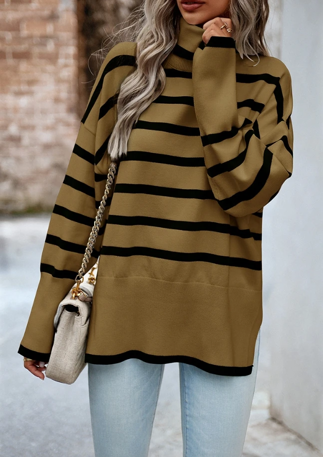 Korean Lazy Style Striped Knitted High Neck Sweater Casual Temperament Loose Comfortable Pullover Women\'s Casual Loose Sweater