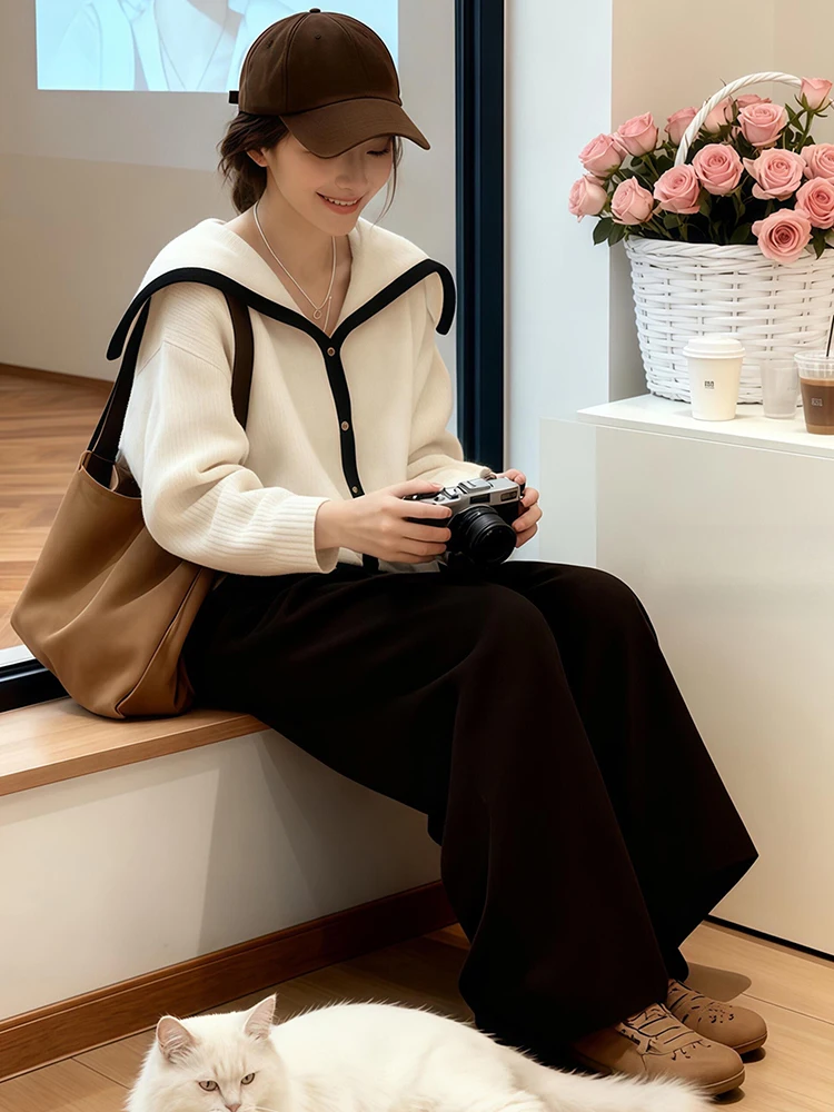 Faionable البحرية طوق اللون بلو سترة المرأة فضفاضة محبوك الأعلى العصرية كسول الراقية الشعور الخريف جديد Sle تريكو