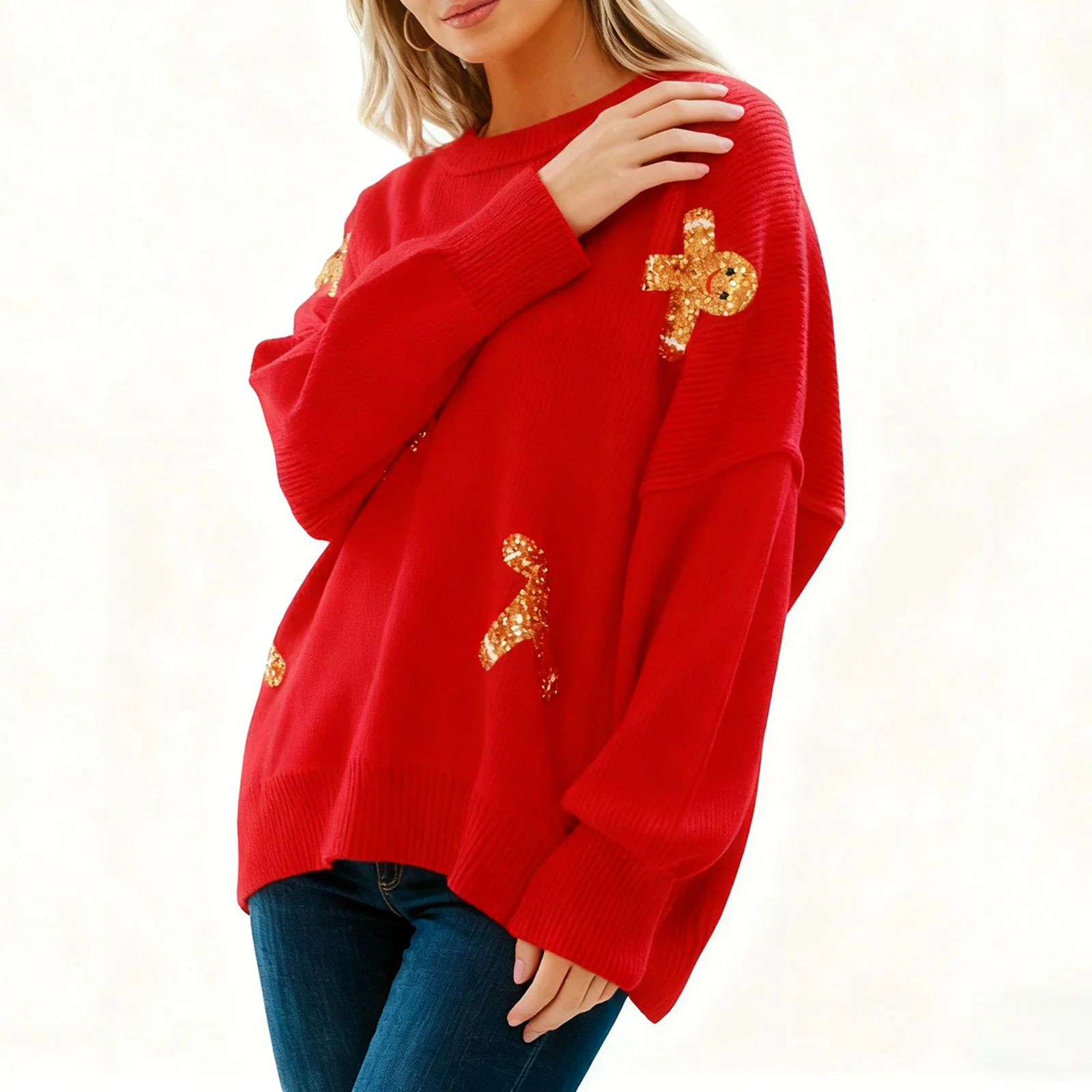 Women Christmas Sequin Knit Sweaters Loose Pullover Sweater Long Sleeve Crew Neck Top Funny Graphic Xmas Knitwear