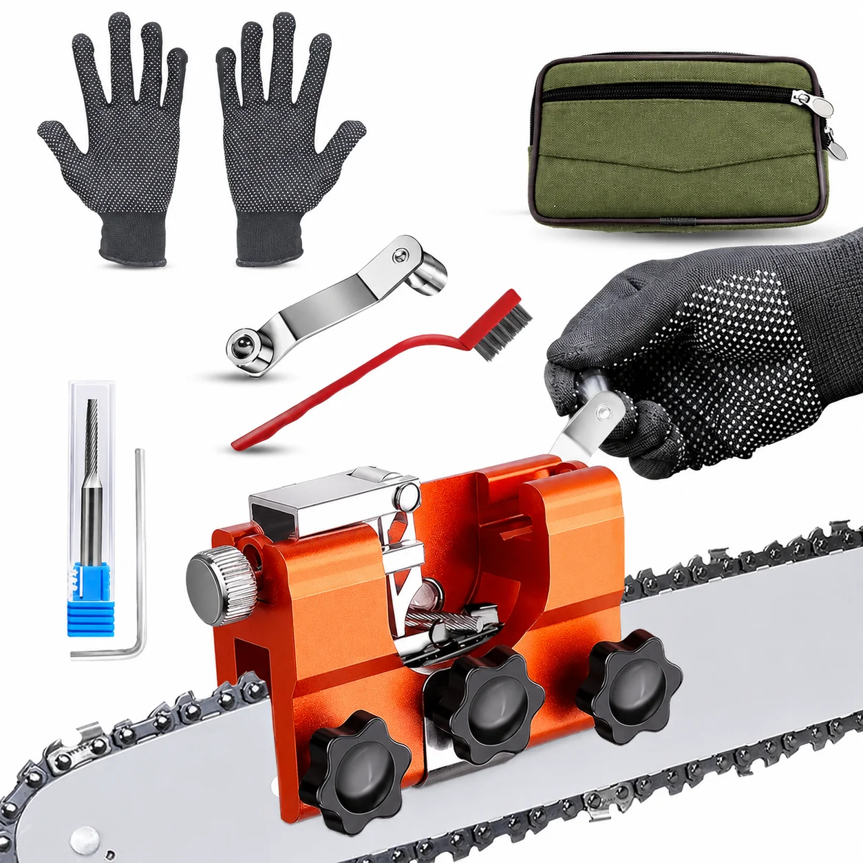 Chainsaw Sharpener Kit For 3/8'' 1/4'' 0.325'' .404'' Chain, Sharpening Jig with Carbide Burrs, Gloves & Brush for 8-22'' Kit