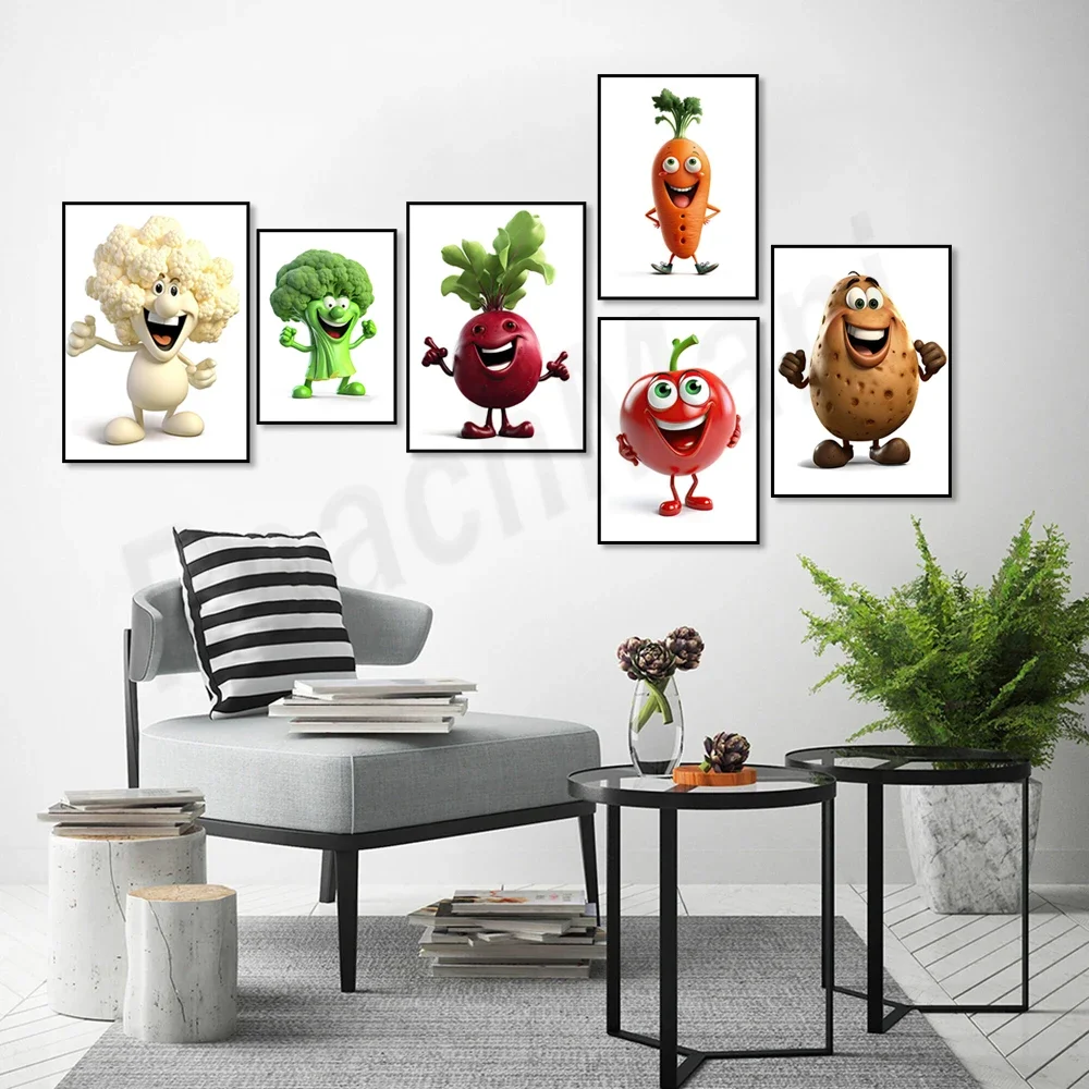 Funny broccoli, tomato, carrot, cauliflower, potato, beetroot, mushroom vegetables cartoon characters art gardening poster