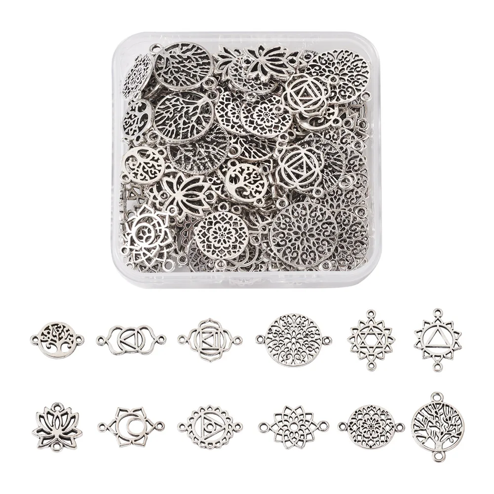 120Pcs Tibetan Flower Charms Alloy Hollow Flower Charms Chakra Connector Charms for Jewelry Making Bracelets Necklace Findings