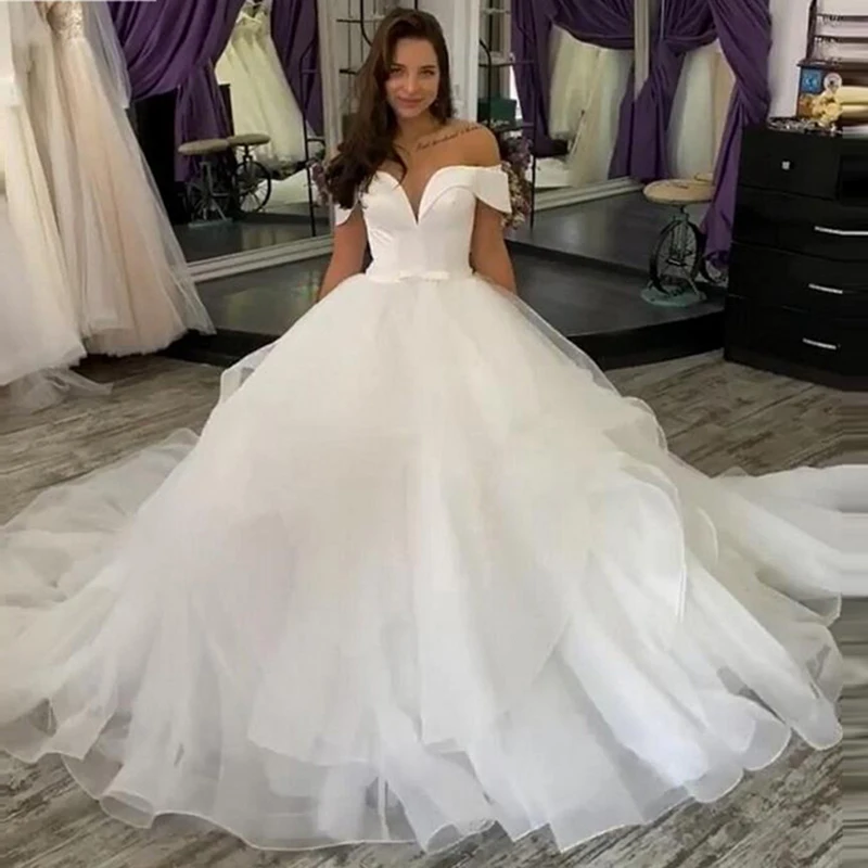 Organza Tulle Puffy Ball Gown Wedding Dress Vestido De Noivado Luxury Off Shoulder Ruffle Skirt Lady Bridal Dress