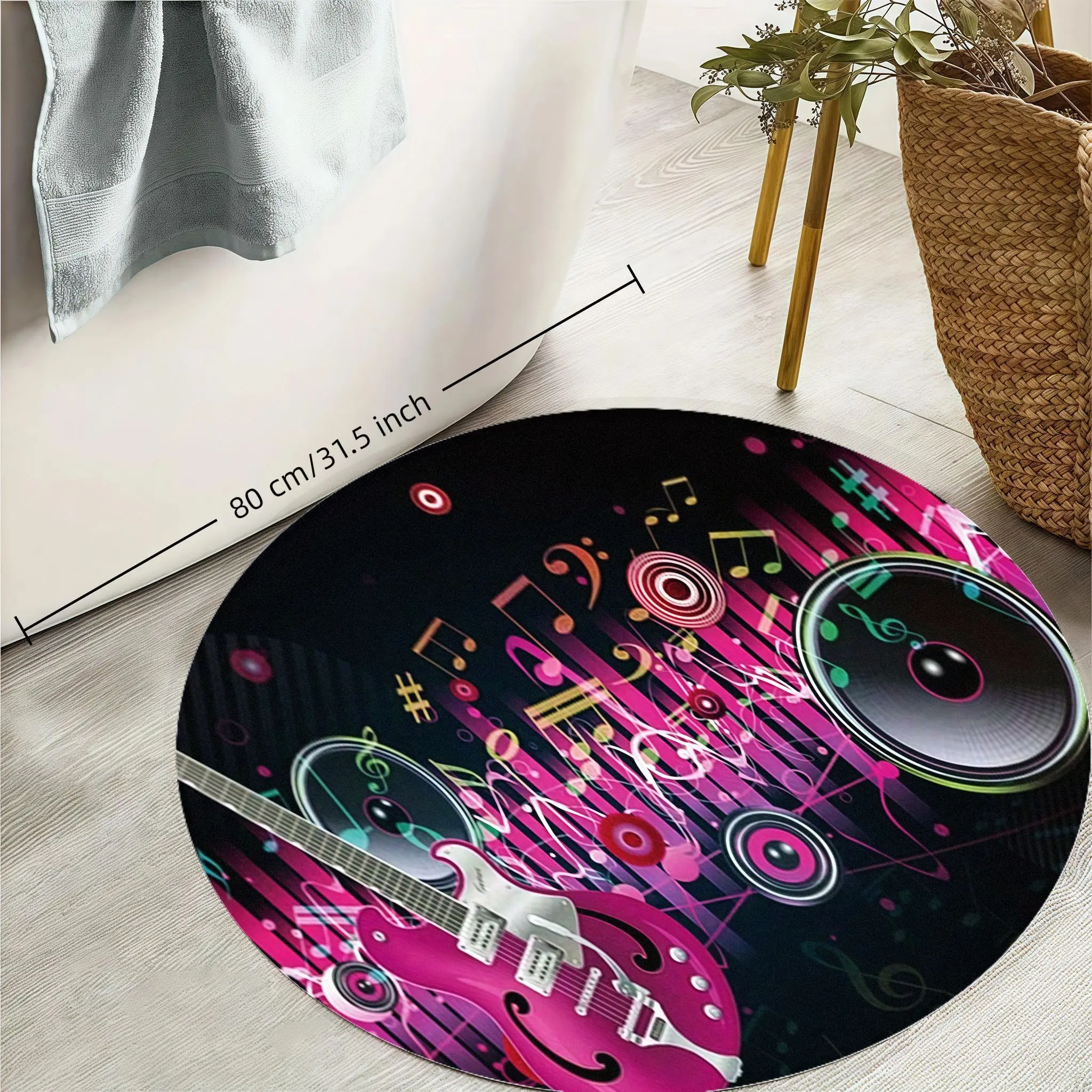 Large Round Music Theme Rug for Kids Playroom Concert Vinyl Mat Decor Musical Band Neon Style Floor Carpet