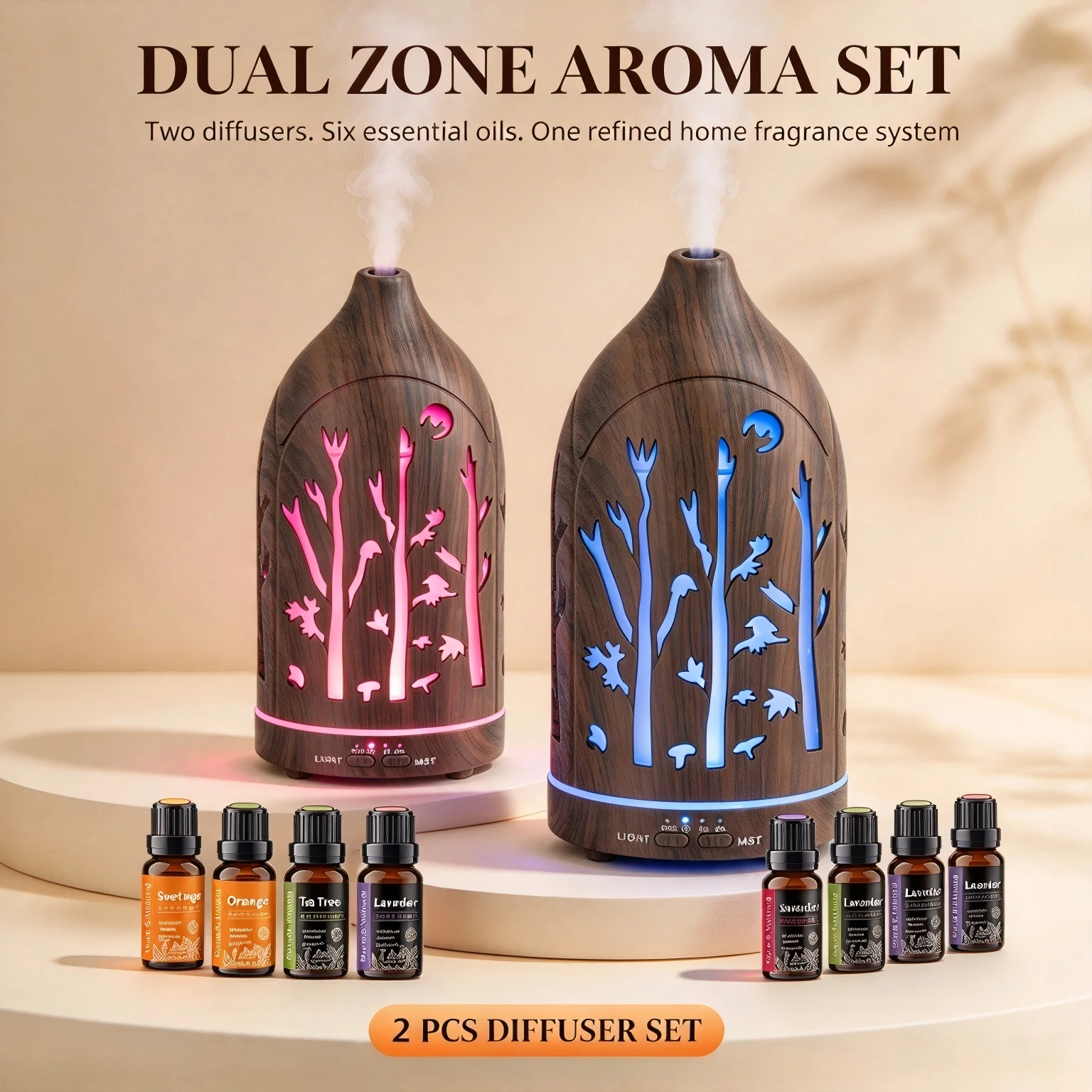 2 PCS Ultrasonic Aroma Diffuser Set – Whisper Quiet Spa-Ritual Duo with Auto Shut-Off & Premium Oils for Yoga, Home & Office Serenity