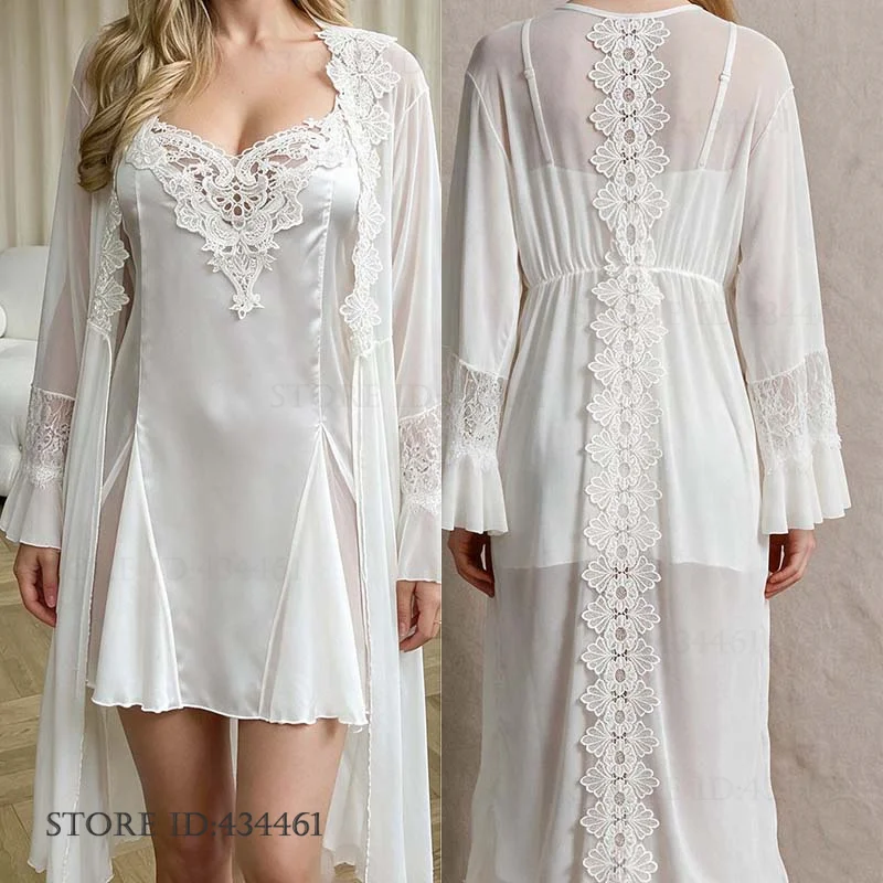 Sexy Mesh Bride Wedding Nighty&Robe Suit Loungewear Hollow Out Lace Female Sleepwear Nightgown Lingerie Sets Summer New Homewear