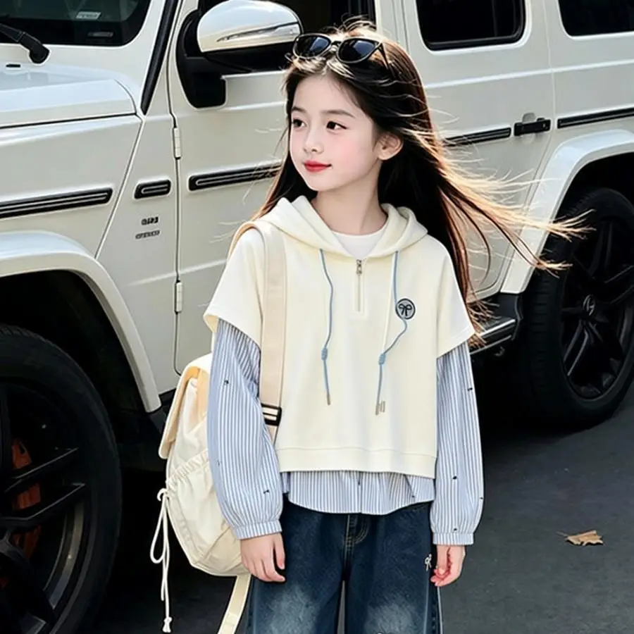 2026 autumn winter Girls clothes striped patchwork Hooded Sweatshirt shirt teenager Kid tops 4 10 11 12  year princess dress