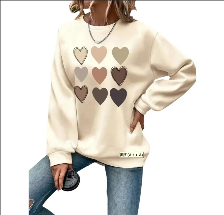 

Толстовка цвета хаки с графическим принтом в виде сердца, женские флисовые удобные пуловеры, модный топ с круглым вырезом, свободная одежда