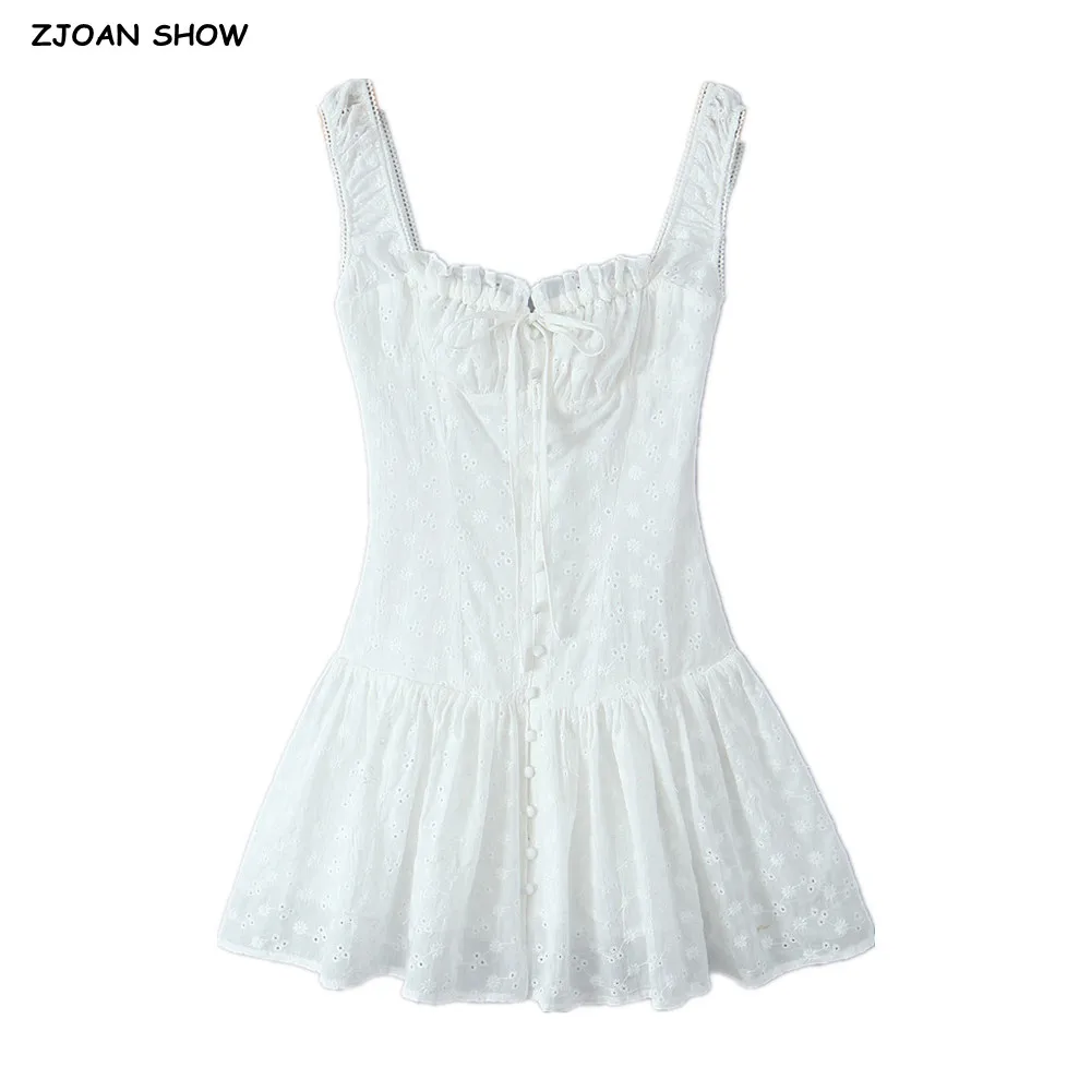 Sexy Emboridery Flower Bow Ruched Chest Tank Mini Dress Low Waist Spliced Folded Swing Women Elastic Strap Sleeveless Robe White