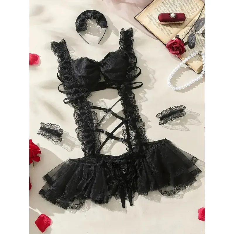 Disfraz de sirvienta traviesa para mujer, traje de juego de rol, lencería Sexy con lazo, decoración de encaje, vestido con tirantes, ropa interior Cosplay