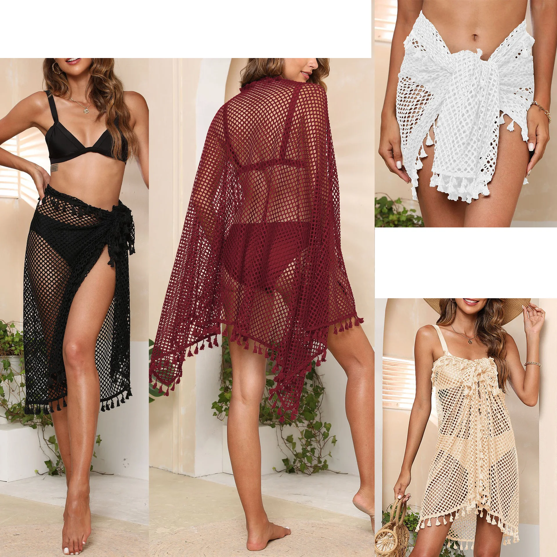 

Праздничная пляжная накидка для женщин, прозрачная ажурная кисточка, сексуальное бикини, повседневный винтажный универсальный шарф, накидка