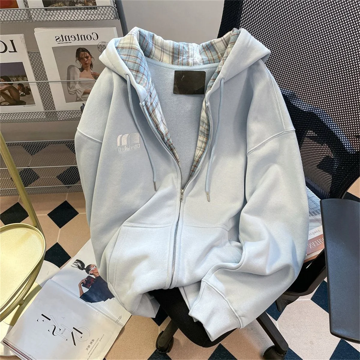 Spring  American New Lazy Retro Plaid Splicing Hoodie Cardigan Men's Unique Matchable Hooded Jaet Trendy Couple Outerwear